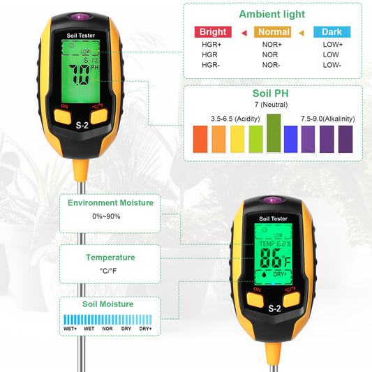 5-in-1 Soil Tester Moisture for Outdoor Gardening and Work with a LED Crystal Display