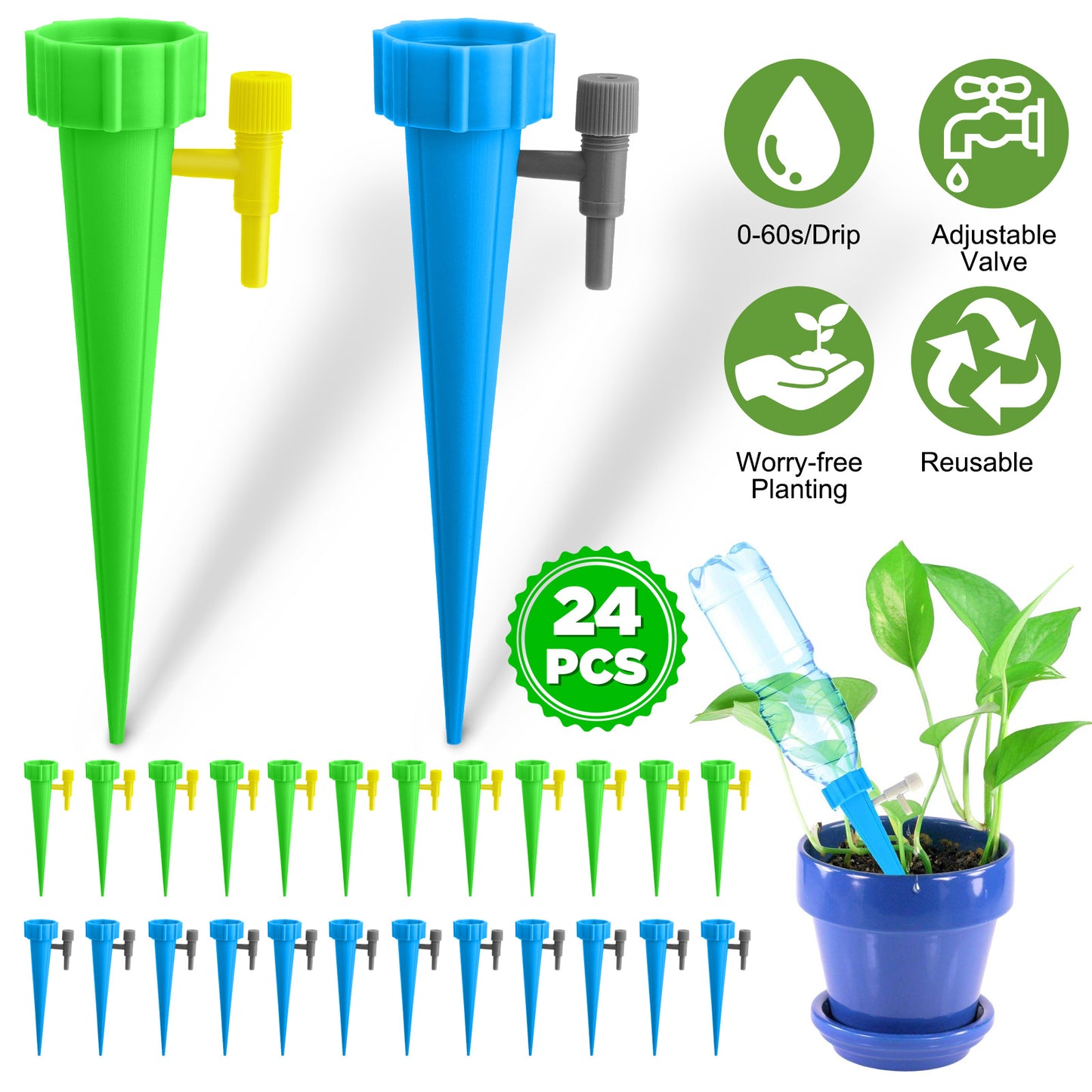 24PCS Adjustable Self Watering Spikes – Fits 1.1" Bottles, 0-60s Drip Control, Up to 15 Days Irrigation,Eco-Friendly & Easy to Use,Automatic Plant Watering Devices for Indoor & Outdoor Plants