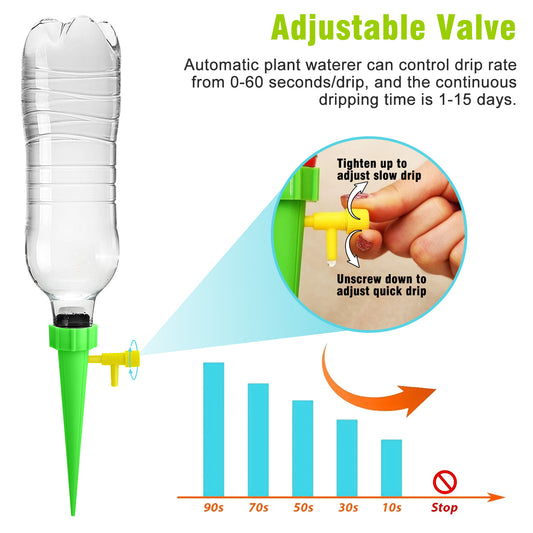 24PCS Adjustable Self Watering Spikes – Fits 1.1" Bottles, 0-60s Drip Control, Up to 15 Days Irrigation,Eco-Friendly & Easy to Use,Automatic Plant Watering Devices for Indoor & Outdoor Plants