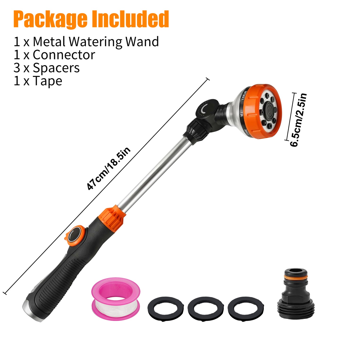 18" Heavy Duty Metal Garden Watering Wand - 180° Adjustable Swivel Nozzle,8 Adjustable Spray Patterns,Fits 3/4" Garden Hoses, Ideal for Hanging Plants & Lawn Care