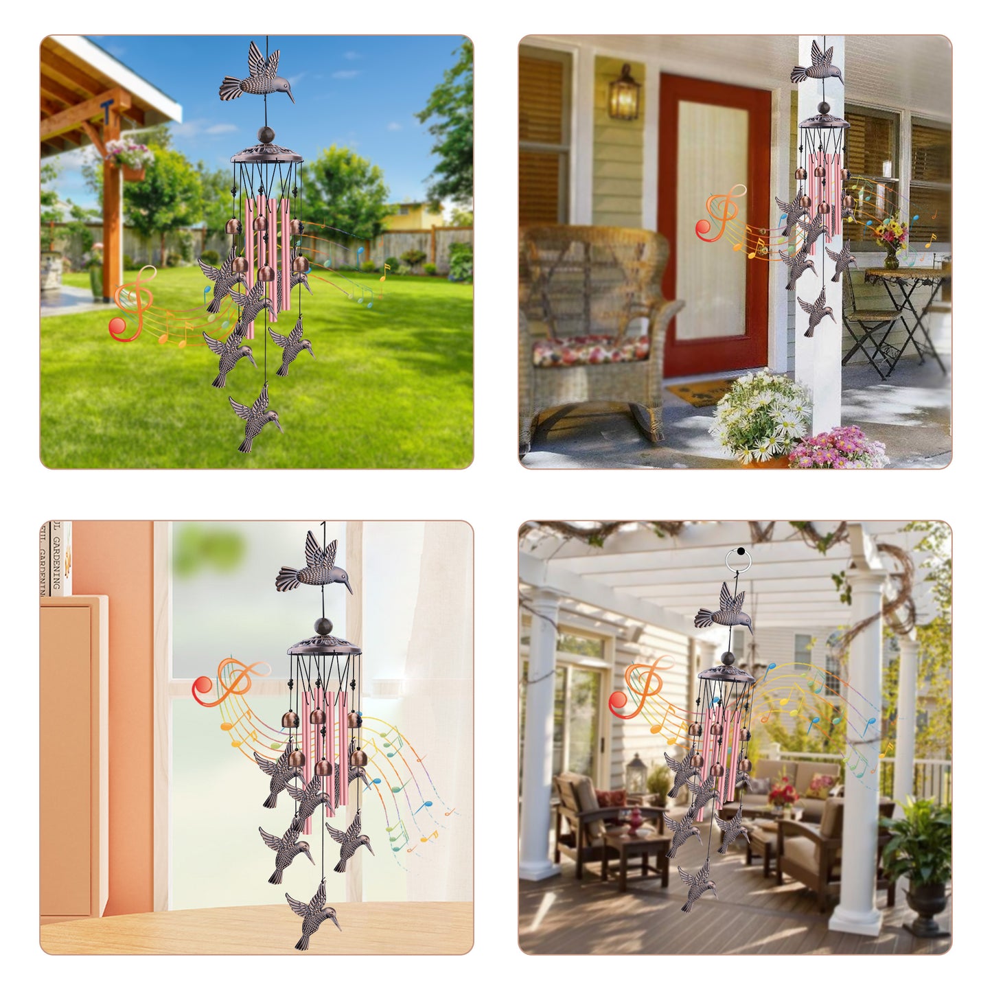 Outdoor Hummingbird Wind Chimes - Retro Metal Bird Windchimes with 6 Smaller Charms & 4 Rose Gold Tubes for Home Patio Backyard Decor