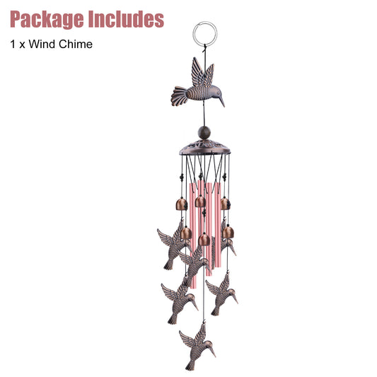 Outdoor Hummingbird Wind Chimes - Retro Metal Bird Windchimes with 6 Smaller Charms & 4 Rose Gold Tubes for Home Patio Backyard Decor