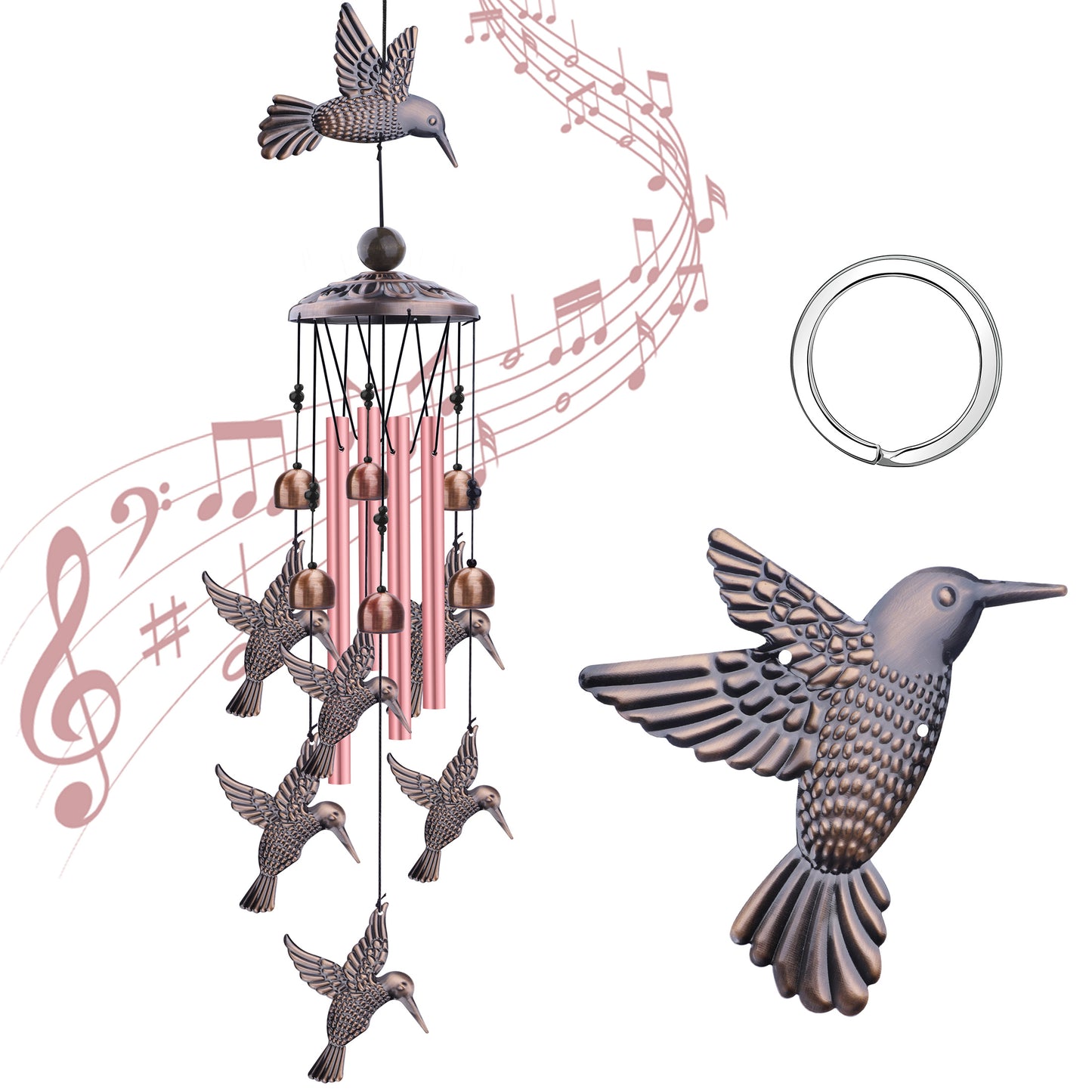 Outdoor Hummingbird Wind Chimes - Retro Metal Bird Windchimes with 6 Smaller Charms & 4 Rose Gold Tubes for Home Patio Backyard Decor