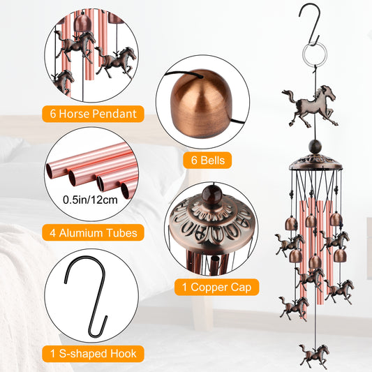 Horse Wind Chimes Decor with 4 Aluminum Tubes, 6 Bells, 7 Horse Pendants, and S Hook –the Wind Chime for Home, Festival, Indoor/Outdoor Decoration (34 inch)
