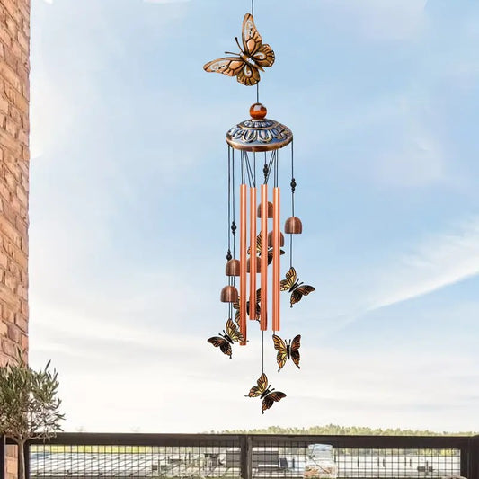 Metal Butterfly Wind Chime – 33" Outdoor/Indoor Garden Decor with 7 Colorful Butterflies, 6 Bells & 4 Aluminum Tubes, for Garden, Patio, Porch Decor