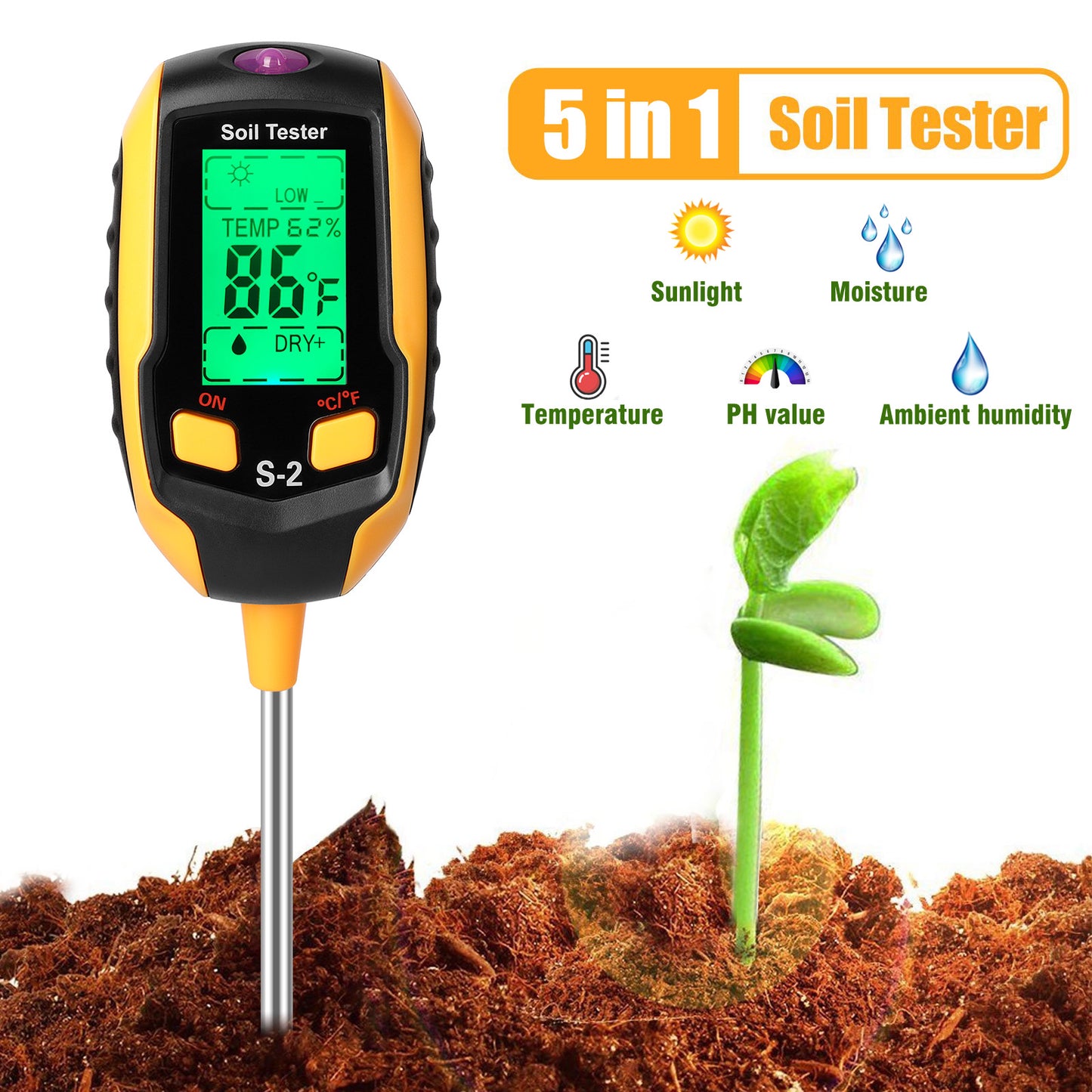 5-in-1 Soil Tester Moisture for Outdoor Gardening and Work with a LED Crystal Display