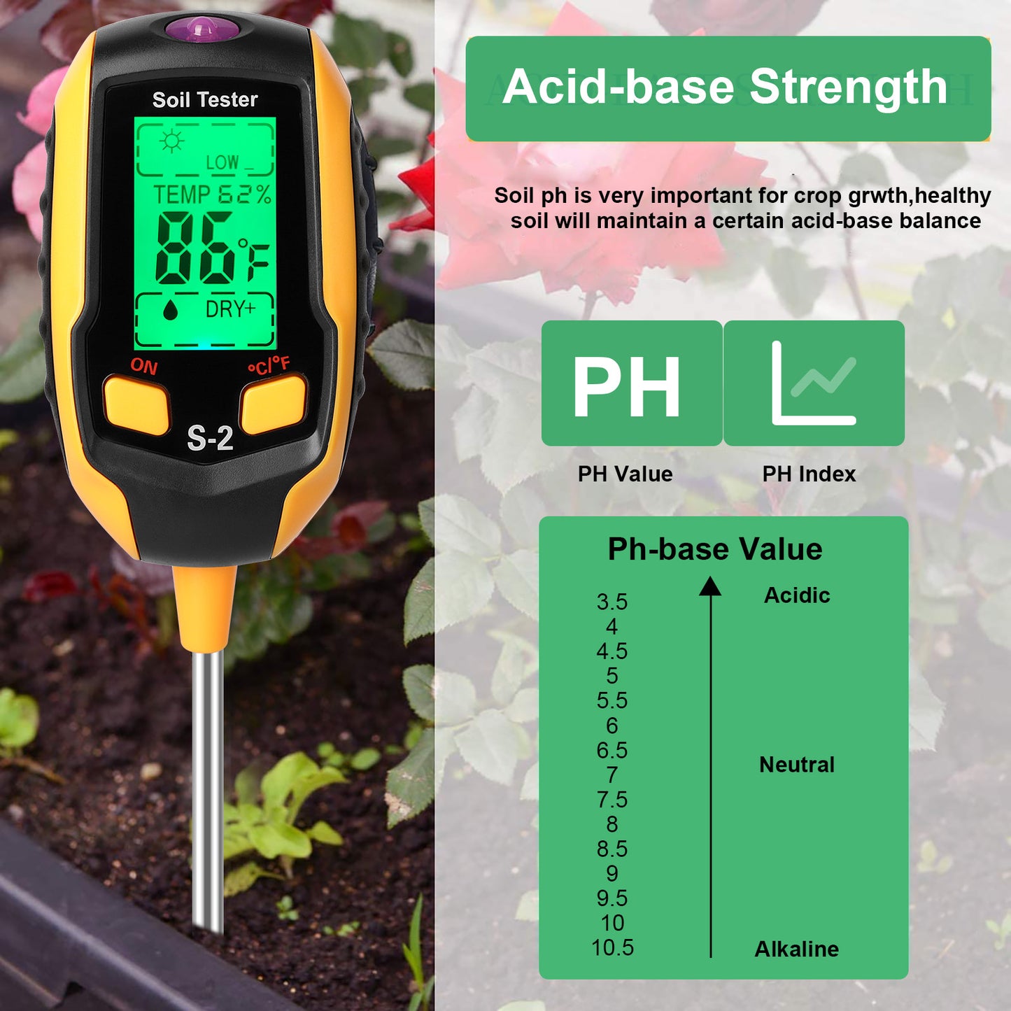 5-in-1 Soil Tester Moisture for Outdoor Gardening and Work with a LED Crystal Display