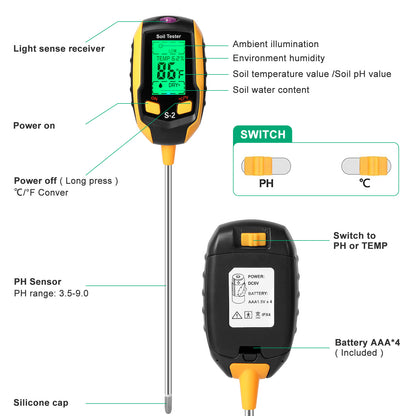 5-in-1 Soil Tester Moisture for Outdoor Gardening and Work with a LED Crystal Display