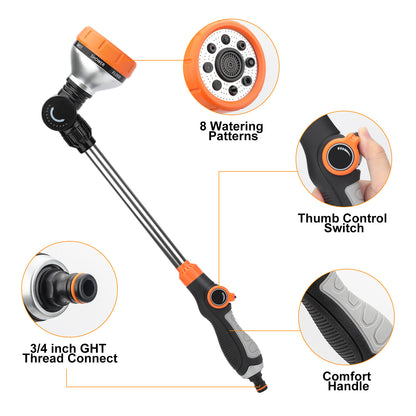 18" Heavy Duty Metal Garden Watering Wand - 180° Adjustable Swivel Nozzle,8 Adjustable Spray Patterns,Fits 3/4" Garden Hoses, Ideal for Hanging Plants & Lawn Care