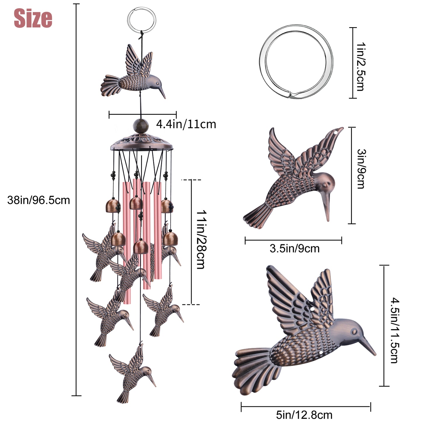 Outdoor Hummingbird Wind Chimes - Retro Metal Bird Windchimes with 6 Smaller Charms & 4 Rose Gold Tubes for Home Patio Backyard Decor