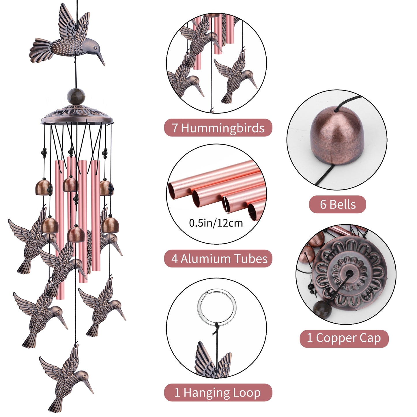 Outdoor Hummingbird Wind Chimes - Retro Metal Bird Windchimes with 6 Smaller Charms & 4 Rose Gold Tubes for Home Patio Backyard Decor