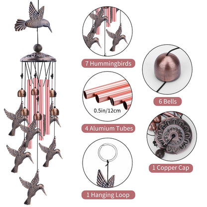 Outdoor Hummingbird Wind Chimes - Retro Metal Bird Windchimes with 6 Smaller Charms & 4 Rose Gold Tubes for Home Patio Backyard Decor