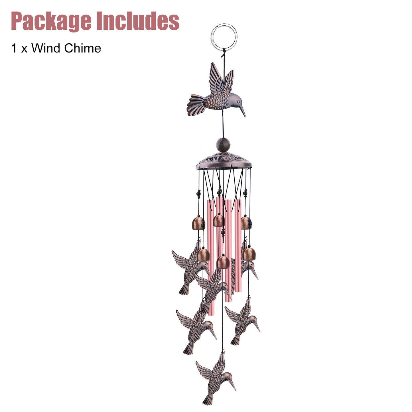 Outdoor Hummingbird Wind Chimes - Retro Metal Bird Windchimes with 6 Smaller Charms & 4 Rose Gold Tubes for Home Patio Backyard Decor