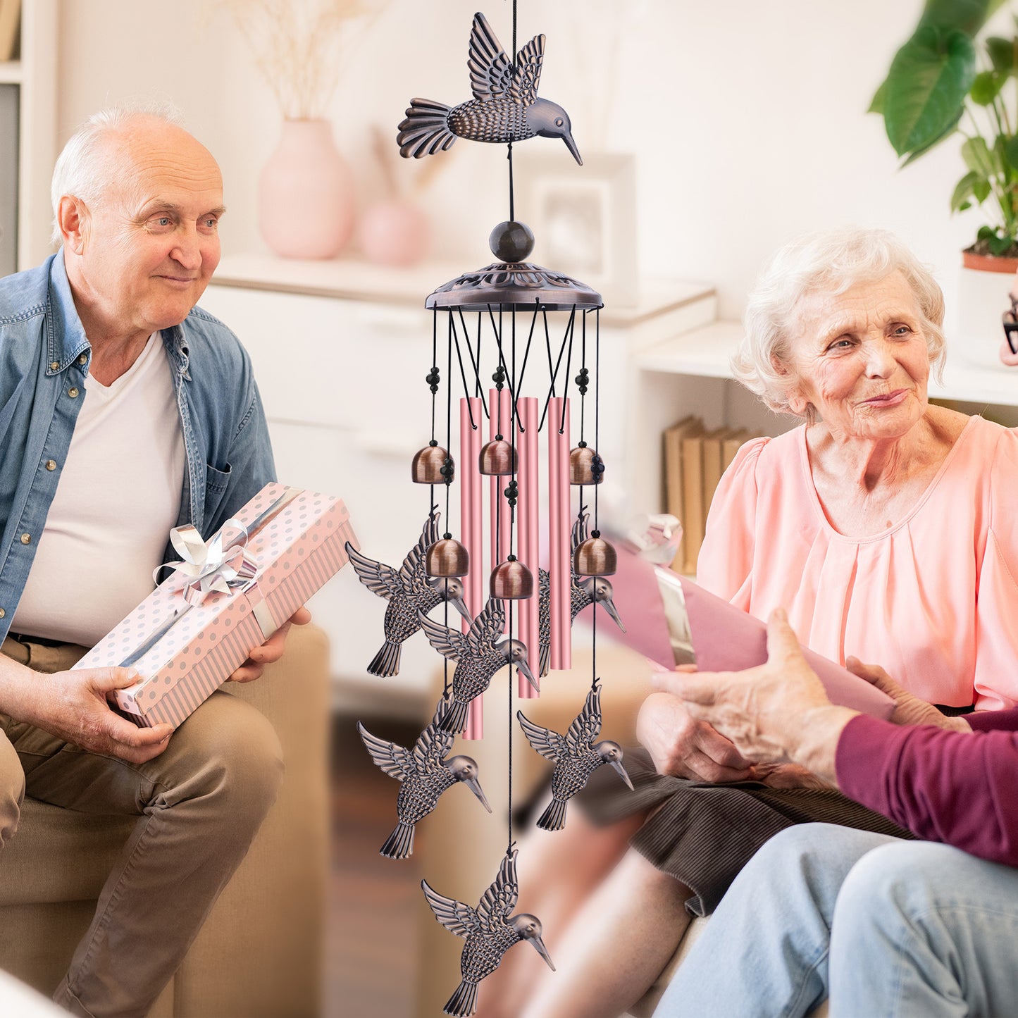 Outdoor Hummingbird Wind Chimes - Retro Metal Bird Windchimes with 6 Smaller Charms & 4 Rose Gold Tubes for Home Patio Backyard Decor