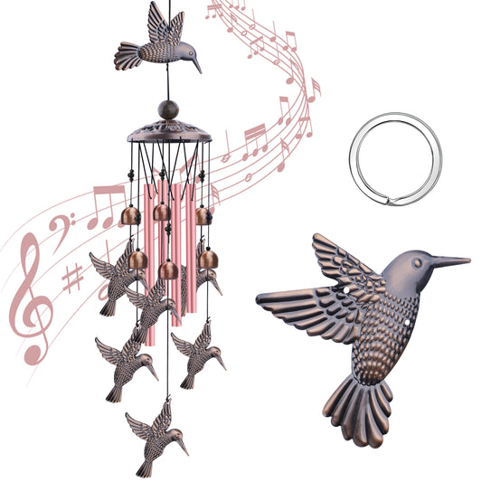 Outdoor Hummingbird Wind Chimes - Retro Metal Bird Windchimes with 6 Smaller Charms & 4 Rose Gold Tubes for Home Patio Backyard Decor
