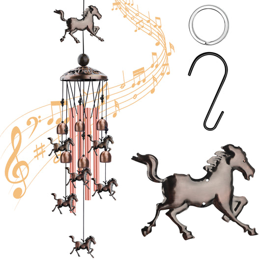 Horse Wind Chimes Decor with 4 Aluminum Tubes, 6 Bells, 7 Horse Pendants, and S Hook –the Wind Chime for Home, Festival, Indoor/Outdoor Decoration (34 inch)