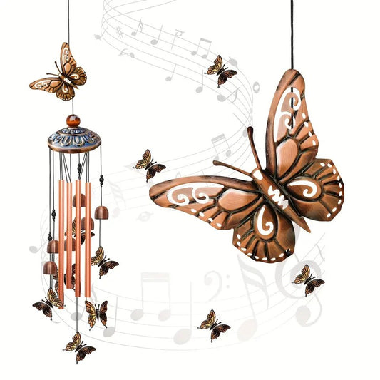 Metal Butterfly Wind Chime – 33" Outdoor/Indoor Garden Decor with 7 Colorful Butterflies, 6 Bells & 4 Aluminum Tubes, for Garden, Patio, Porch Decor