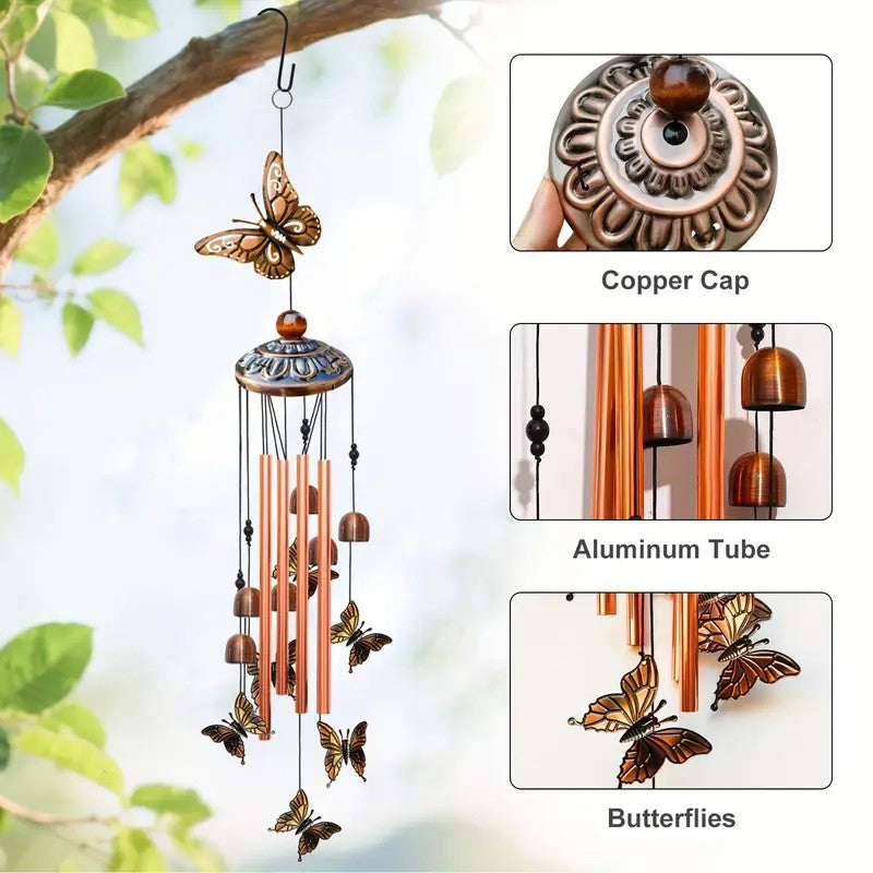Metal Butterfly Wind Chime – 33" Outdoor/Indoor Garden Decor with 7 Colorful Butterflies, 6 Bells & 4 Aluminum Tubes, for Garden, Patio, Porch Decor