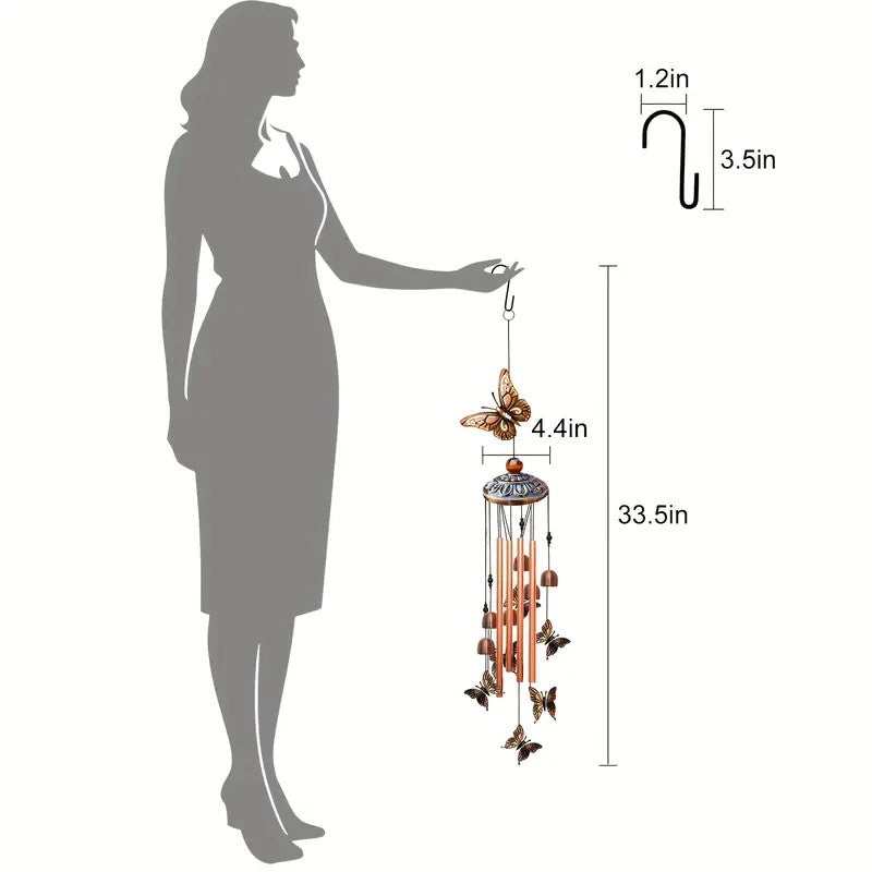 Metal Butterfly Wind Chime – 33" Outdoor/Indoor Garden Decor with 7 Colorful Butterflies, 6 Bells & 4 Aluminum Tubes, for Garden, Patio, Porch Decor